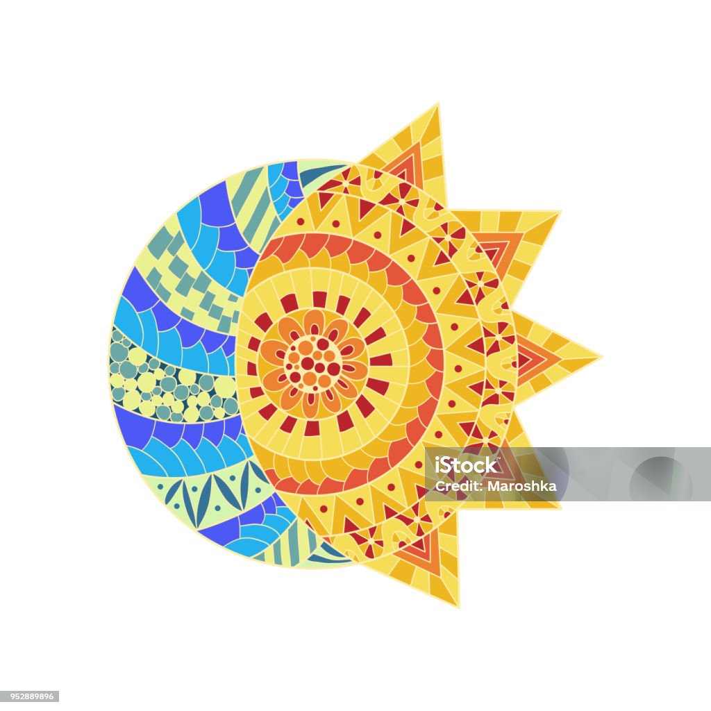 Hand drawn sun new moon and star for anti stress colouring page stock illustration