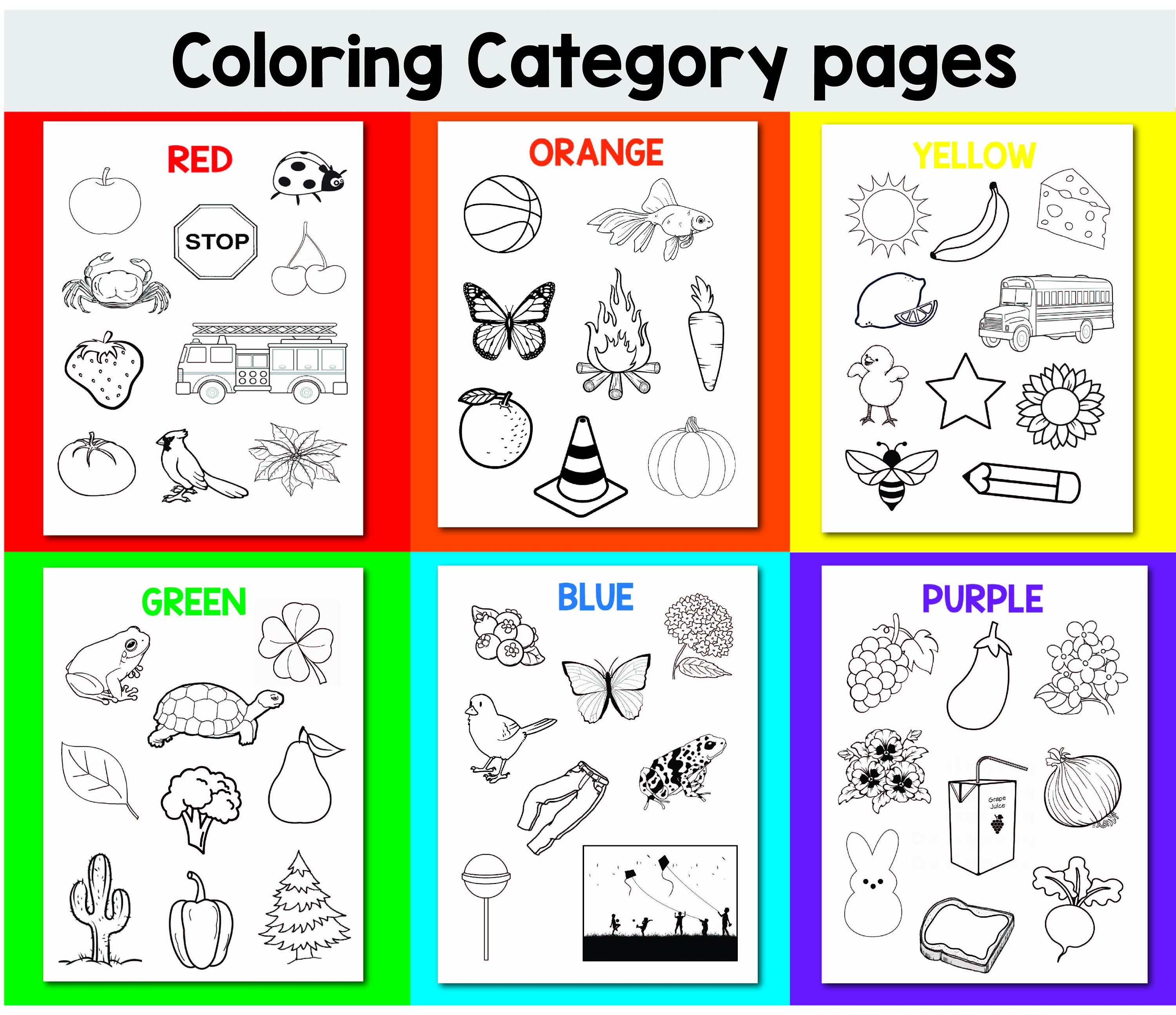 Color by category coloring pages red object coloring page orange coloring page yellow objects green coloring page blue and purple color