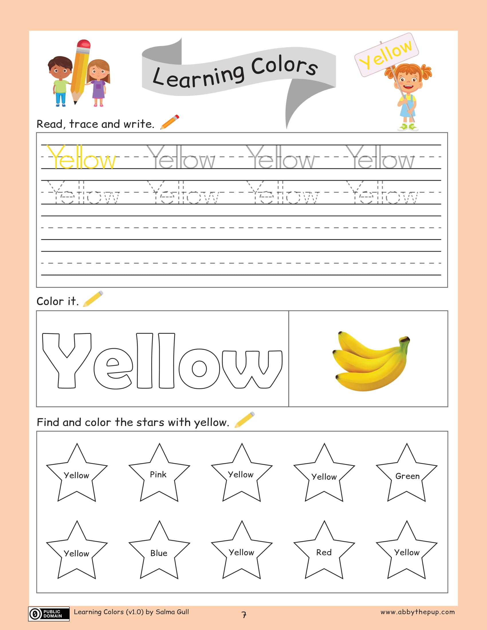 Read trace and write yellow color worksheet free printable puzzle games