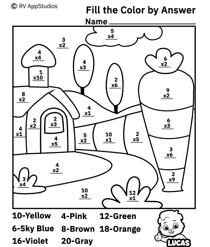 Multiplication worksheet coloring pages for kids