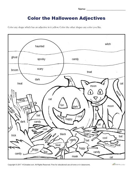 Halloween adjectives printable halloween coloring activity