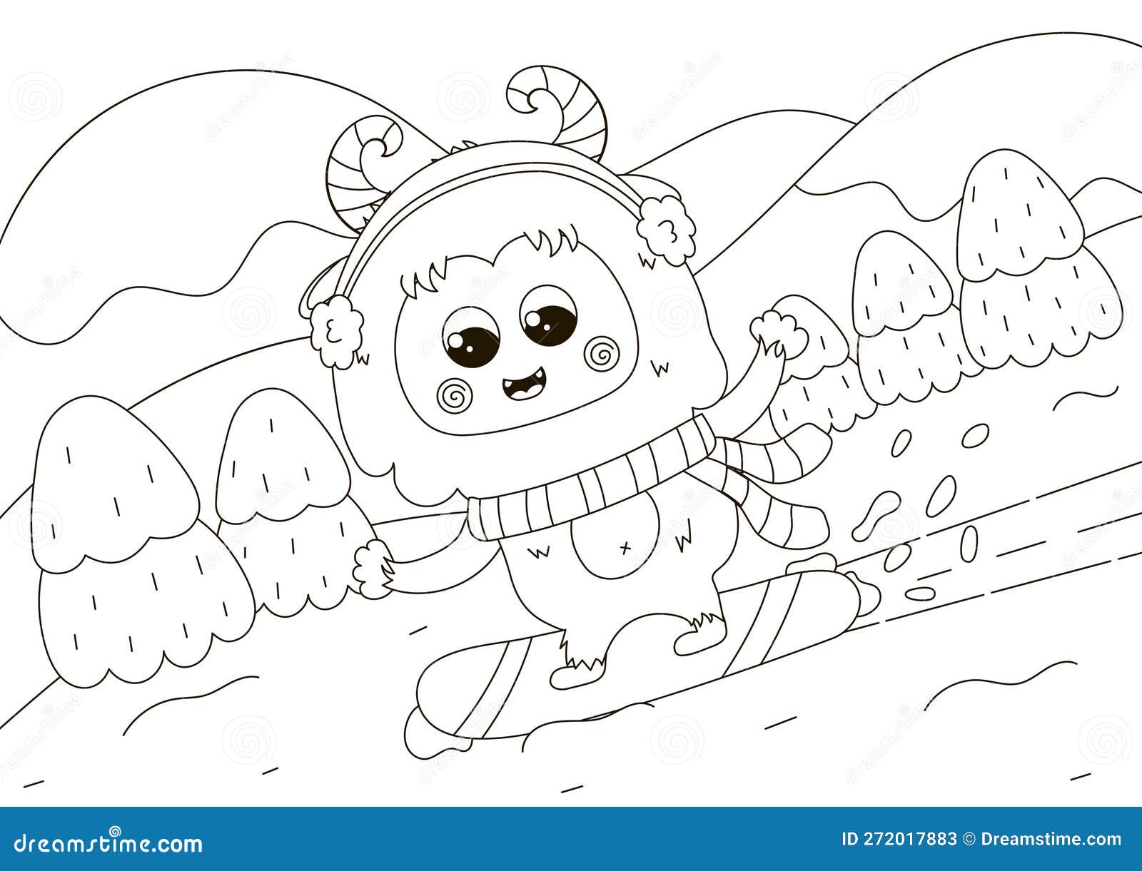 Funny coloring page with cute yeti character snowboarding stock vector