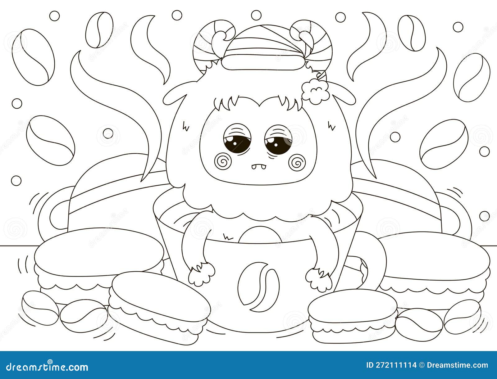 Funny coloring page with cute yeti character in cup of coffee with macaroons around stock vector