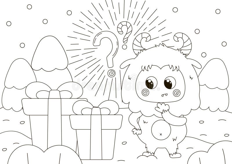 Funny coloring page with cute yeti character confused what is inside giftbox mystery box stock vector