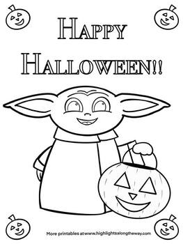 Baby yoda halloween trick or treat coloring page by educational coloring pages
