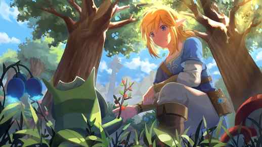 Link and korok in the forest the legend of zelda game