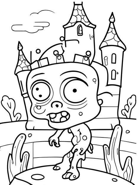 Premium vector magical halloween scene vector coloring book page featuring an adorable zombie and a haunted castle