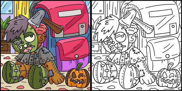 Premium vector this coloring page shows a zombie plushie one side of this illustration is colored and serves as an inspiration for children