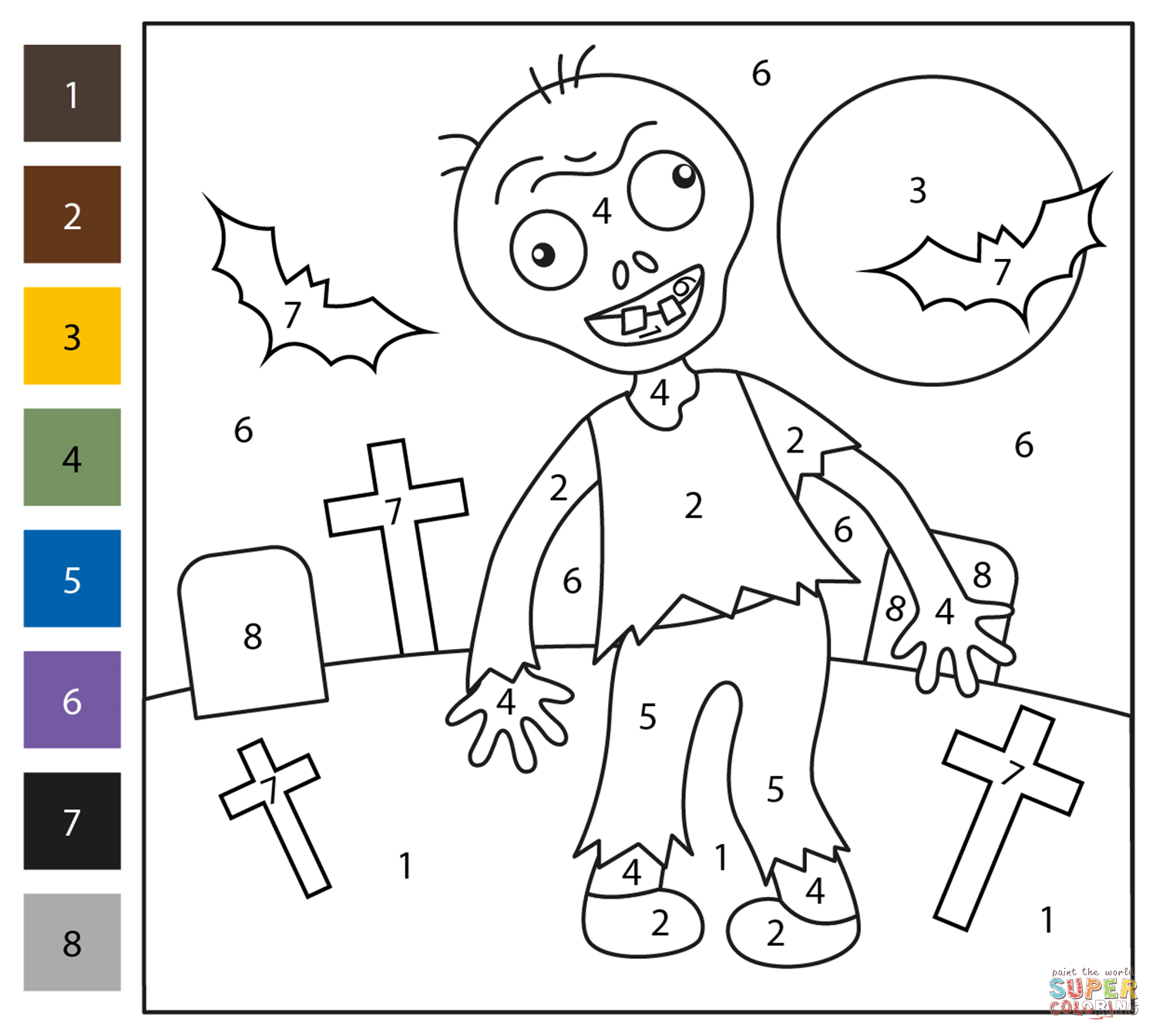 Zombie color by number free printable coloring pages