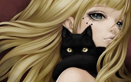 Anime Girl And Black Cat