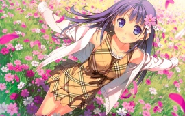 Anime Girl And Flowers Field