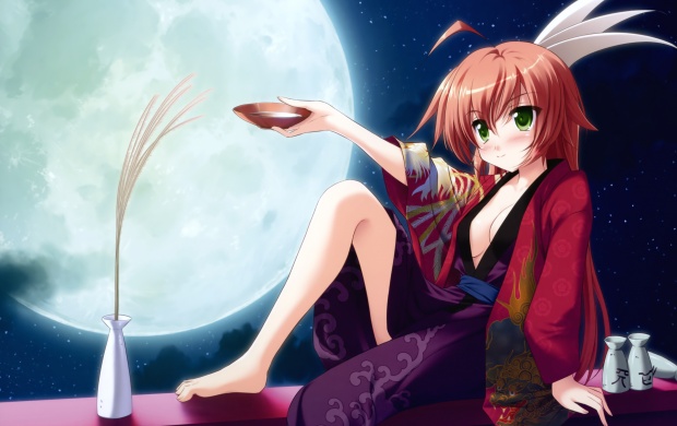 Anime Girl And Large Moon wallpapers
