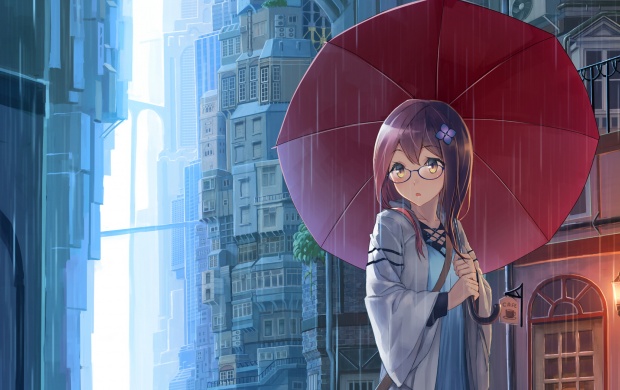 Anime Girl With Umbrellas In Rain (click to view)