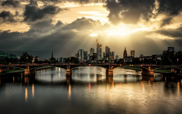 City Bridge Clouds Rays River (click to view)