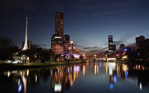 City Night River Reflection