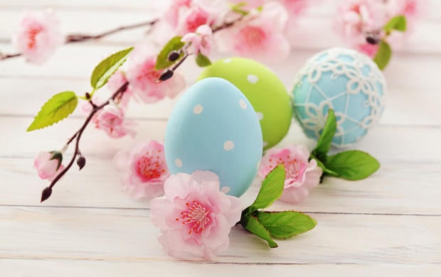 Easter Eggs With Pink Flower Branch