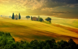 Landscape In Tuscany At Sunset In Summer