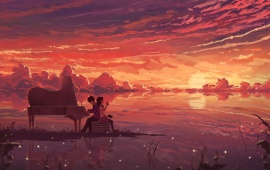 Sunset Girl Boy And Piano