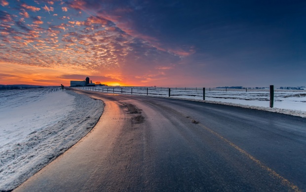 Winter Landscape Road Sunset Sky