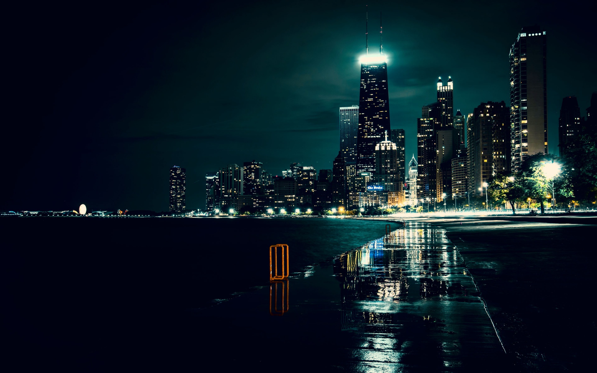 Chicago Night Building And River