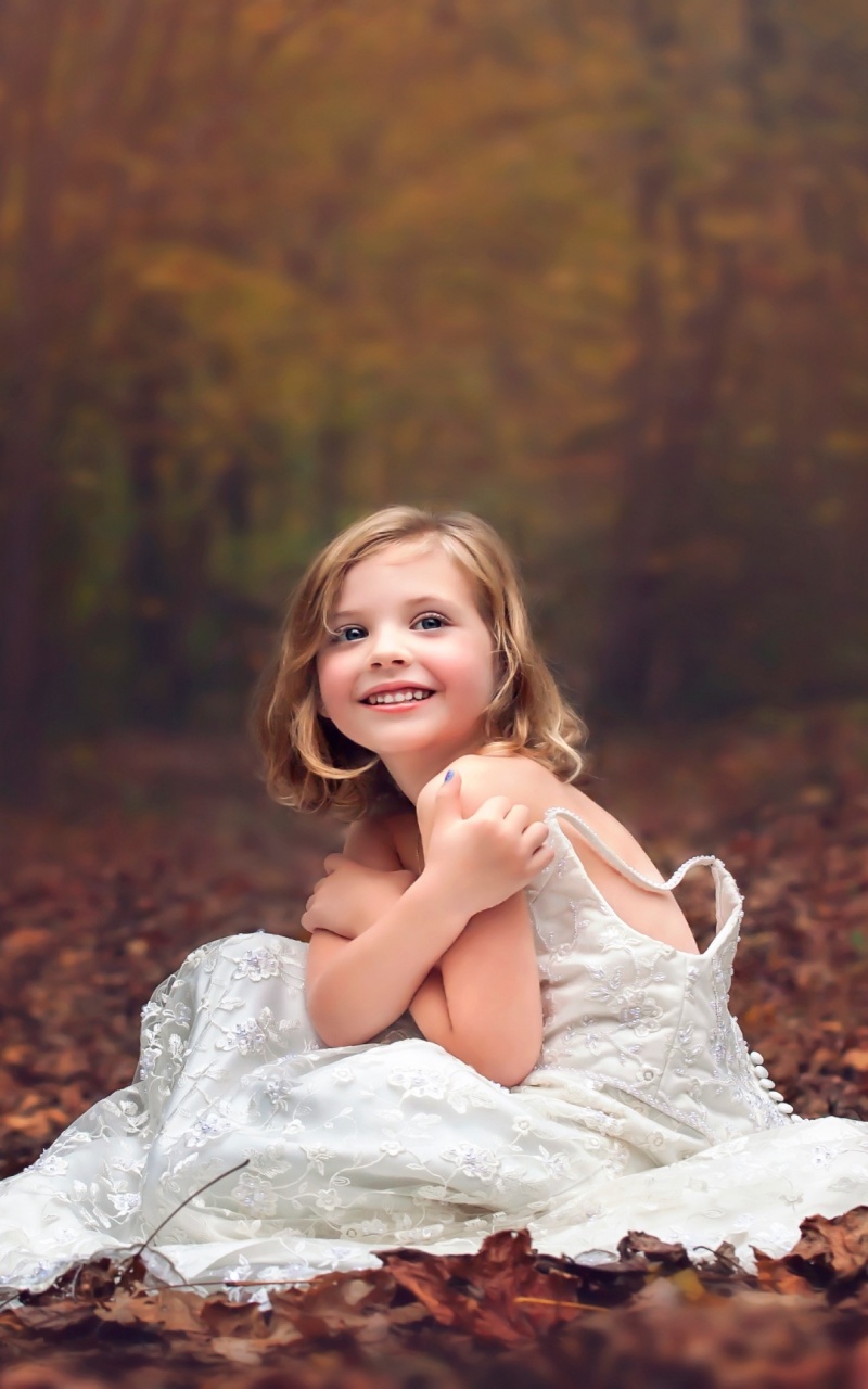 Girl In Wedding Dress At Forest Autumn