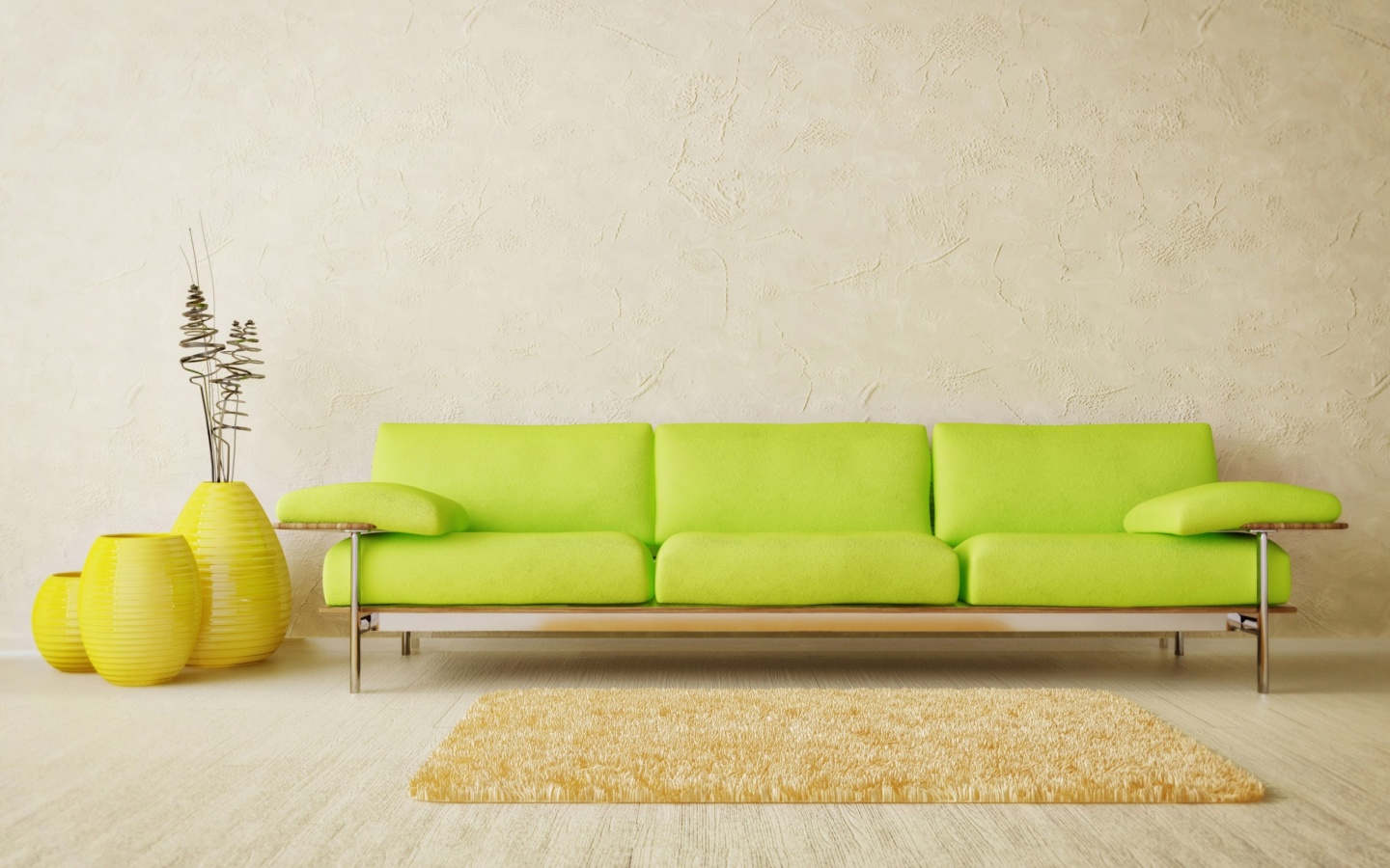 Green Sofa And Yellow Carpet In Room