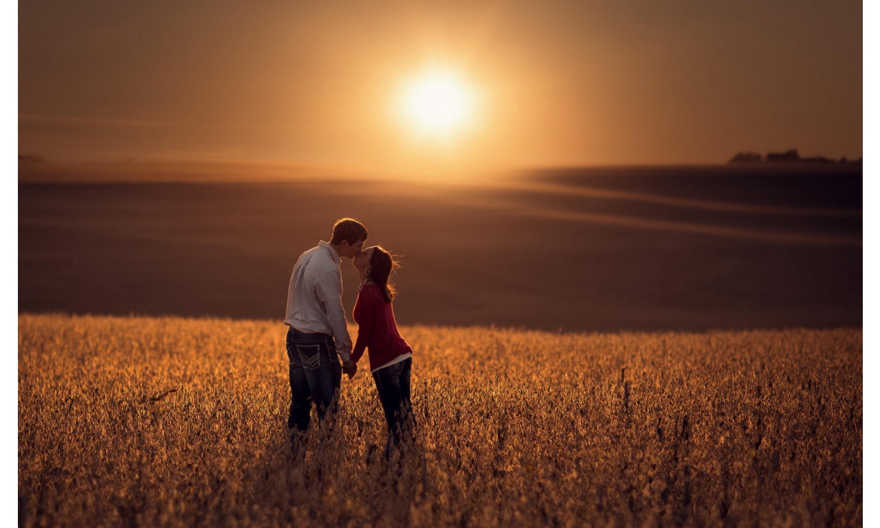 Lovers Kiss At Sunset Field