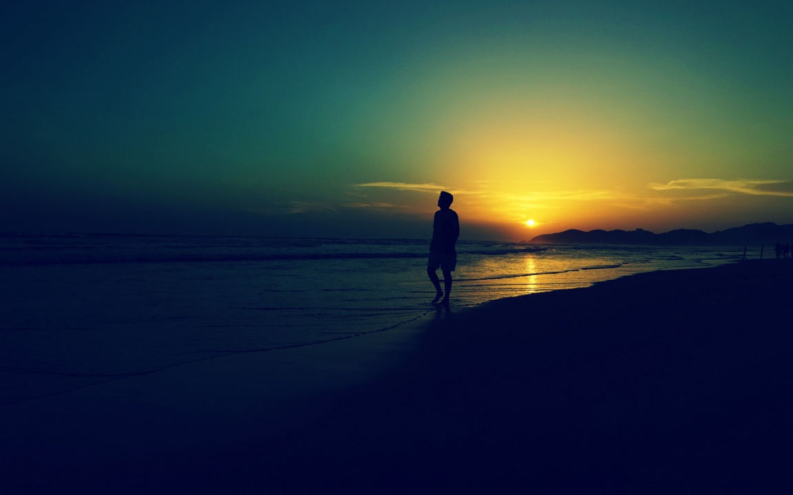 Sad Alone Man At Sunset Beach Waves
