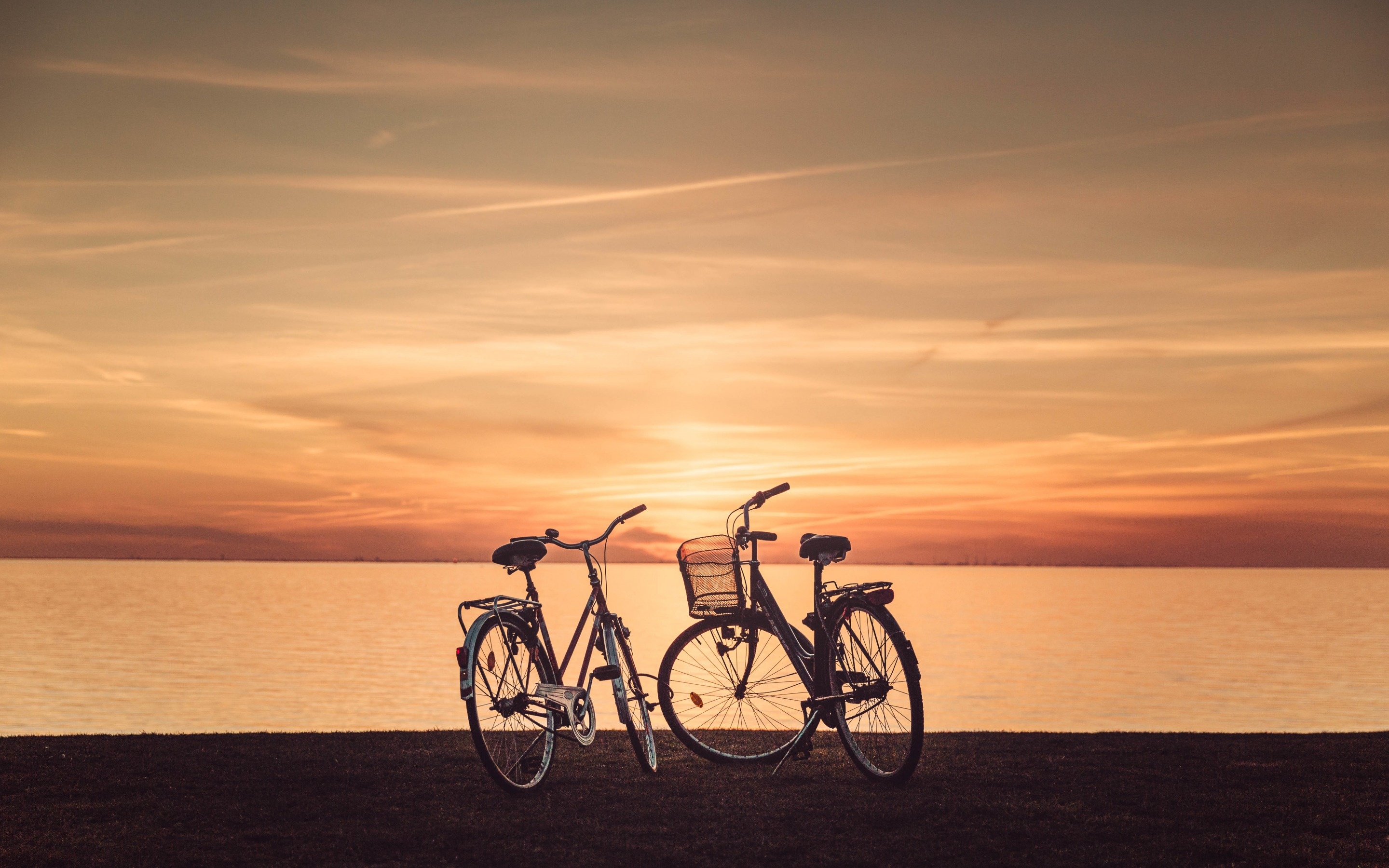 Sunset Couple Bicycle At Lake