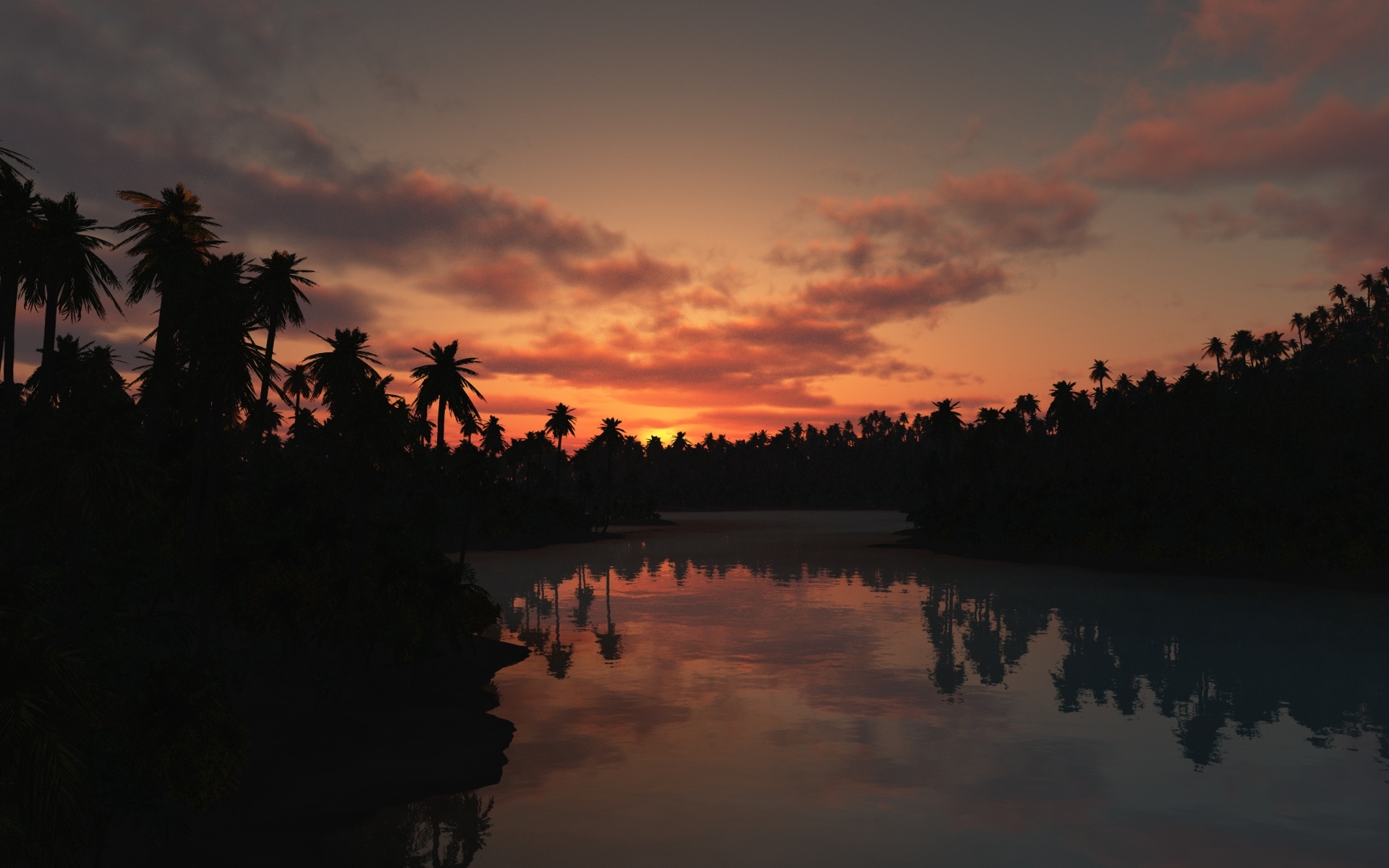 Sunset Over Lake and Palms
