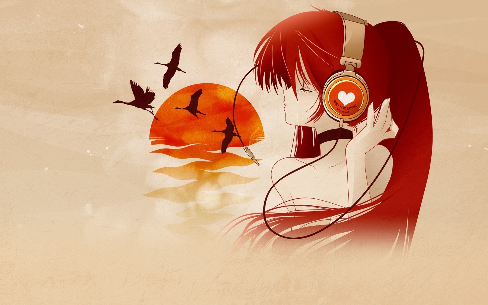 Anime Red Hair Girl With Headphones