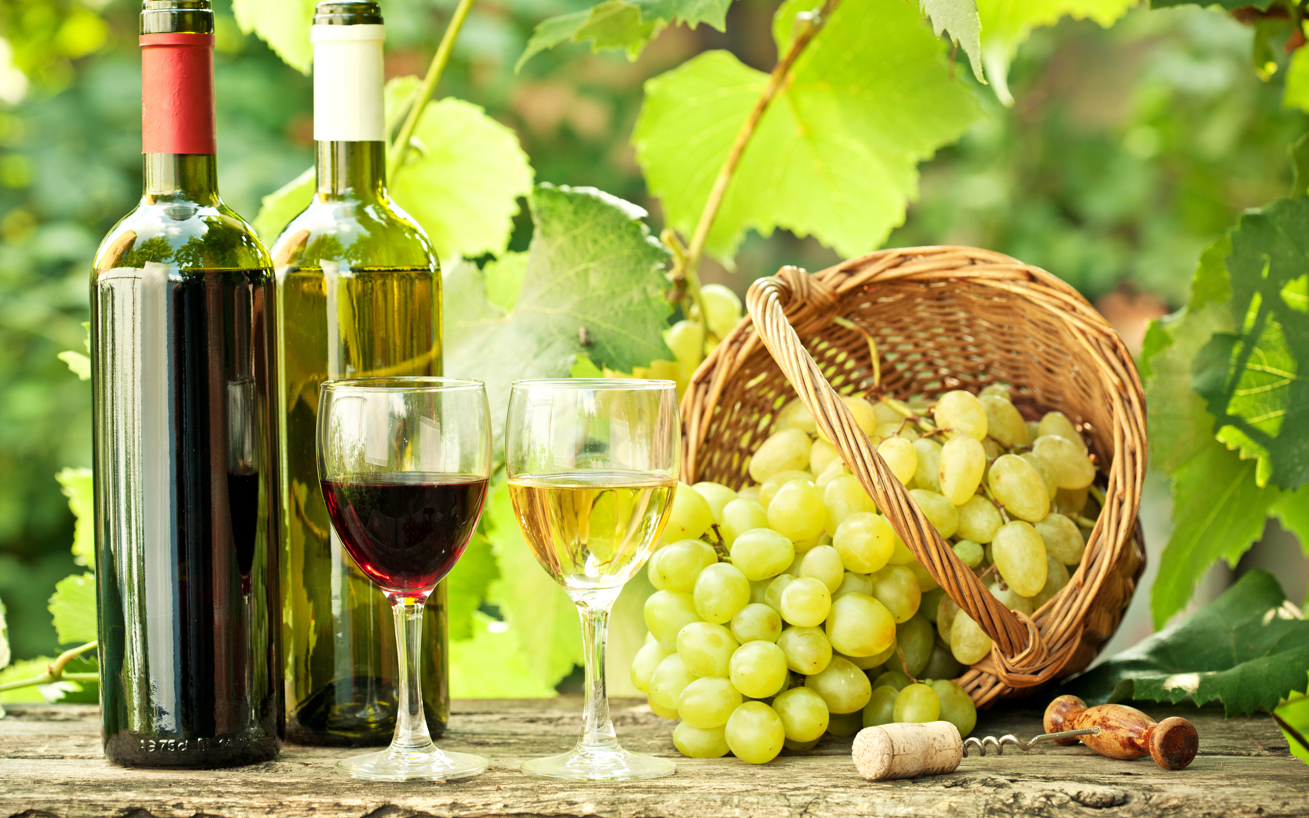Grapes Basket And Wine Bottles